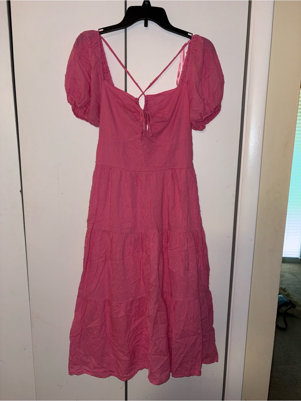Pink Puff-Sleeve Tiered Midi Dress
